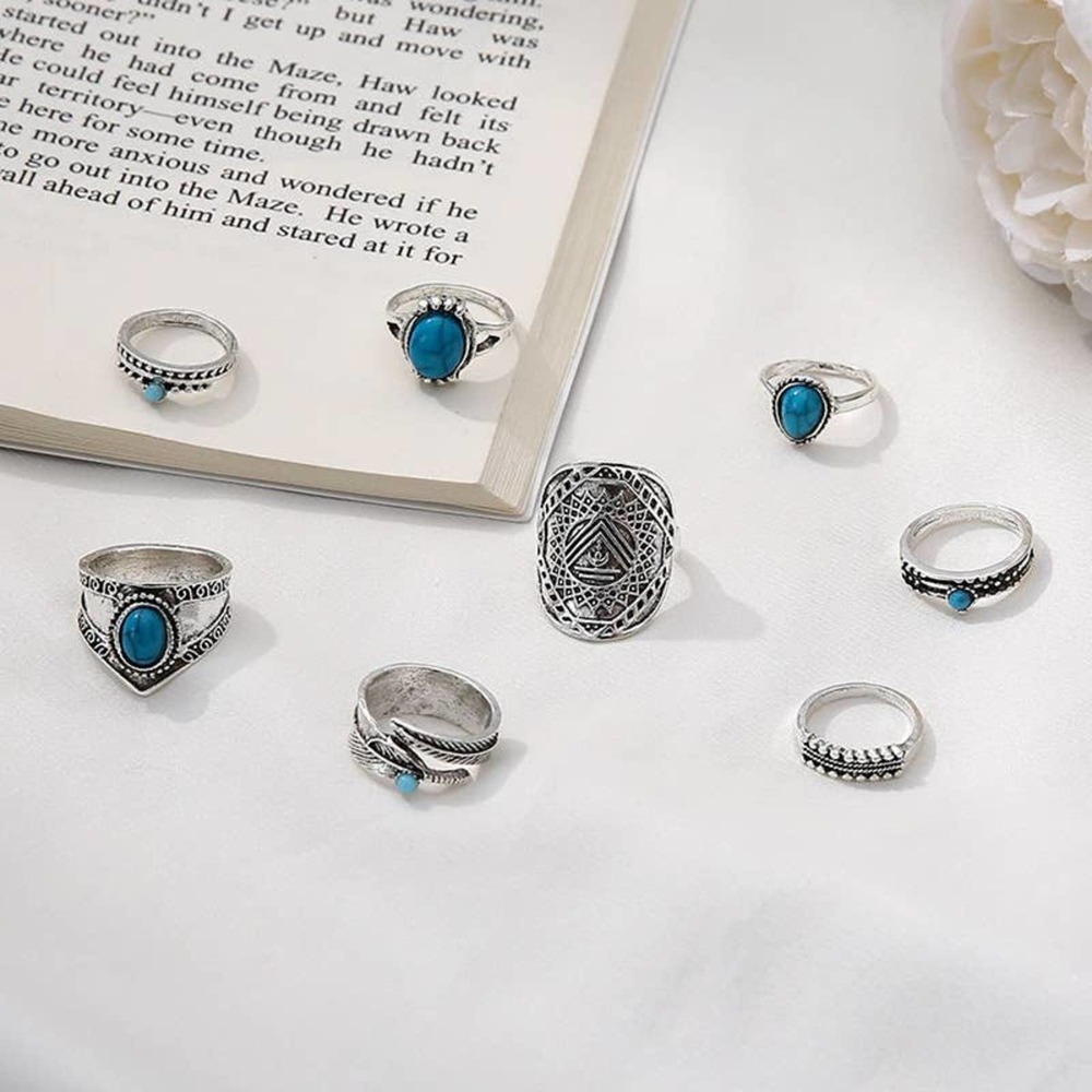Vintage Style Water Droplets Alloy Stuffed Turquoise Women Rings Set of 8 Pieces - Picture 3 of 7